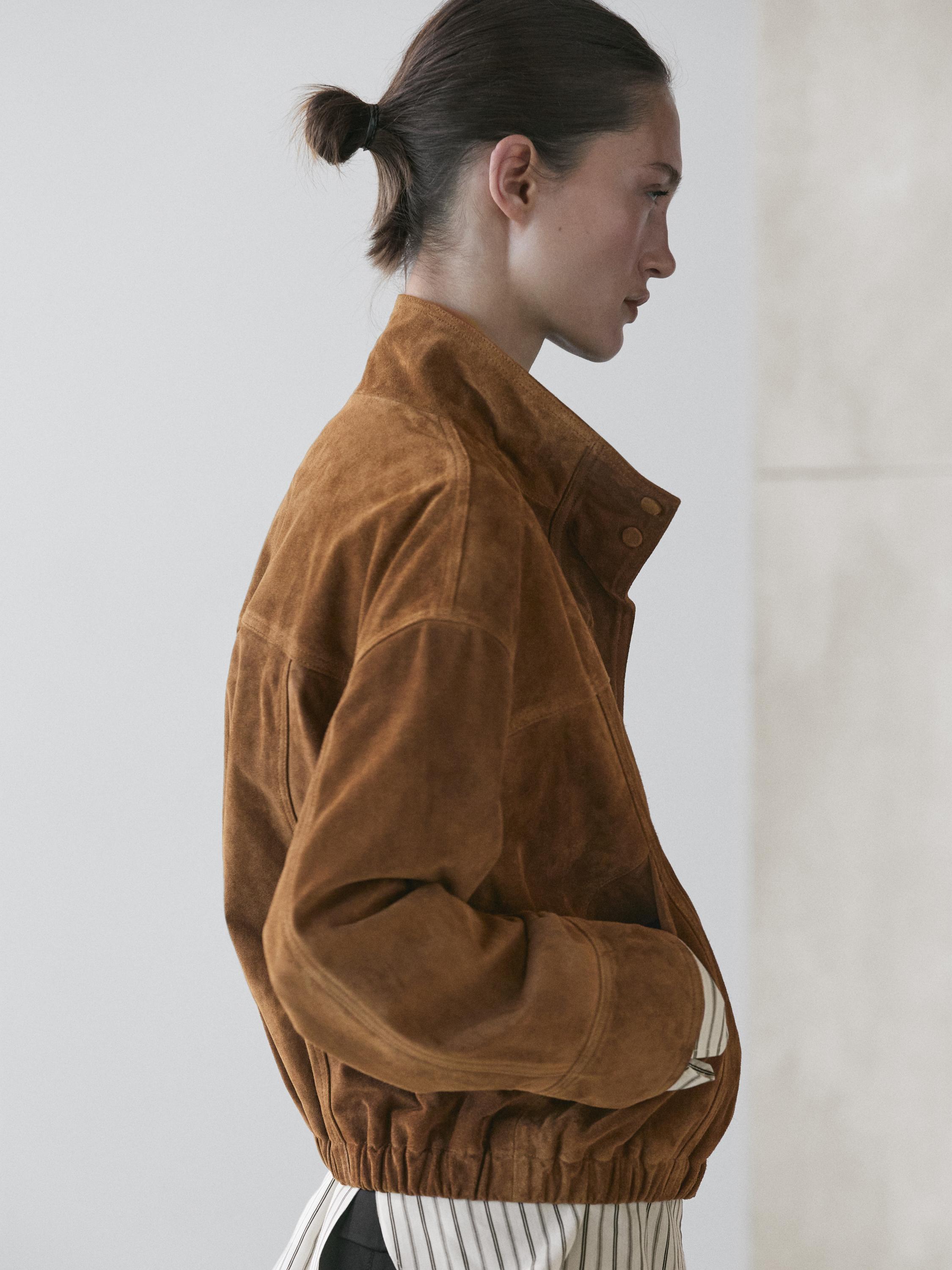 Blouson bomber court en cuir daim